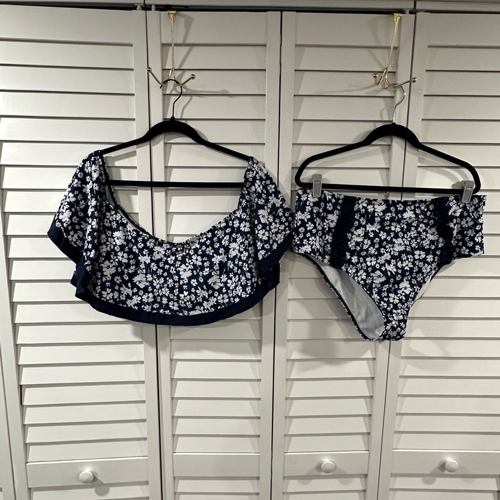 Shein navy off the shoulder swimsuit with daisy print and ruffle